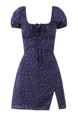 Blue Floral Cap Sleeve Bow Long Dress
