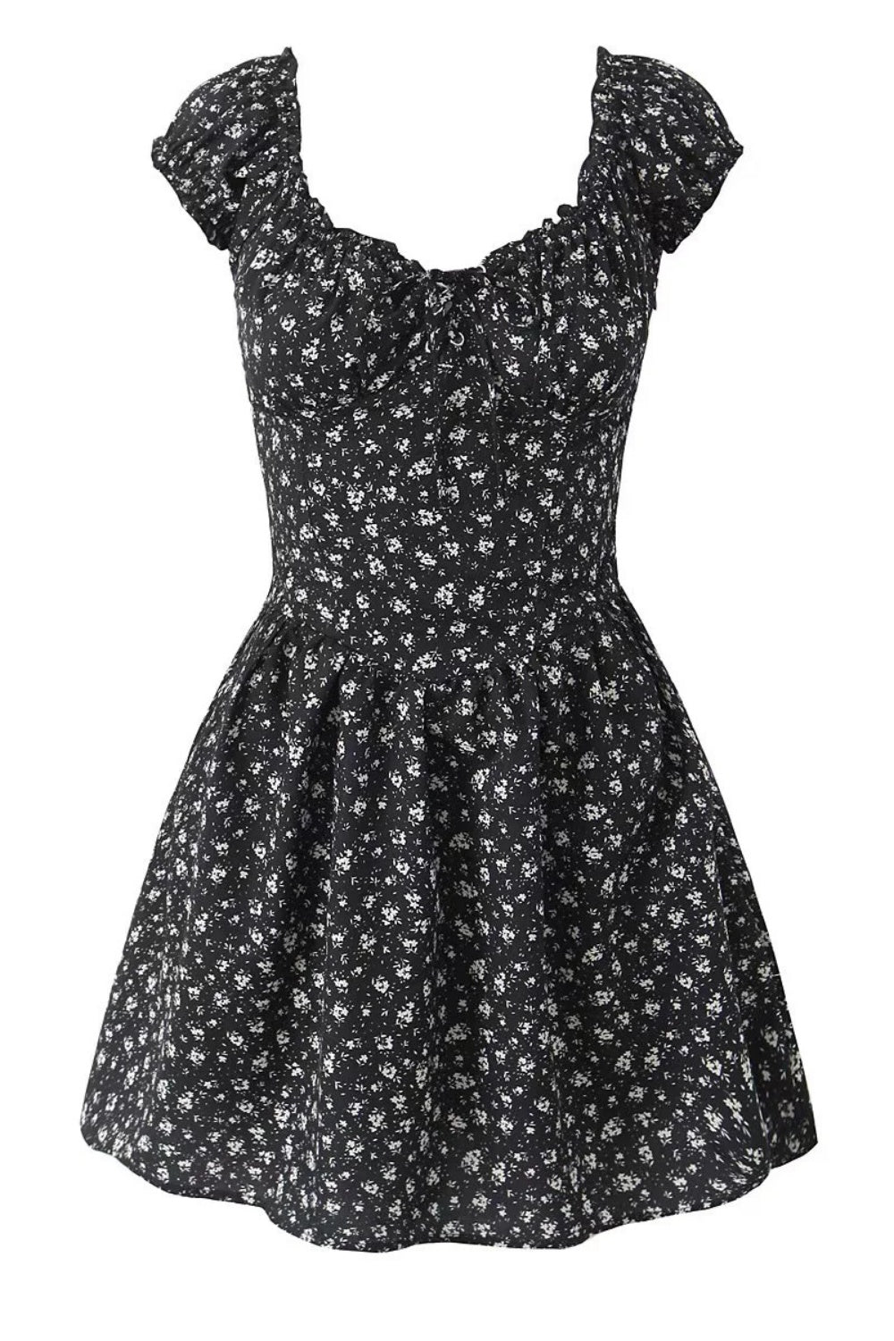 Black Floral Cap Sleeve Ruched Long Dress