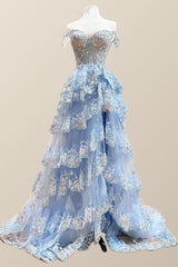 Navy Blue Corset Appliques Tulle Ruffles Dress