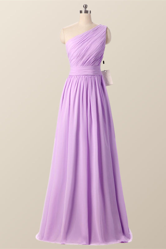One Shoulder Blush Pink Pleated Long Bridesmaid Dress