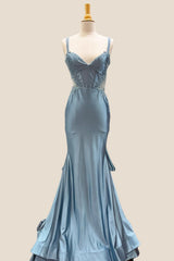Double Straps Dusty Blue Appliques Long Dress