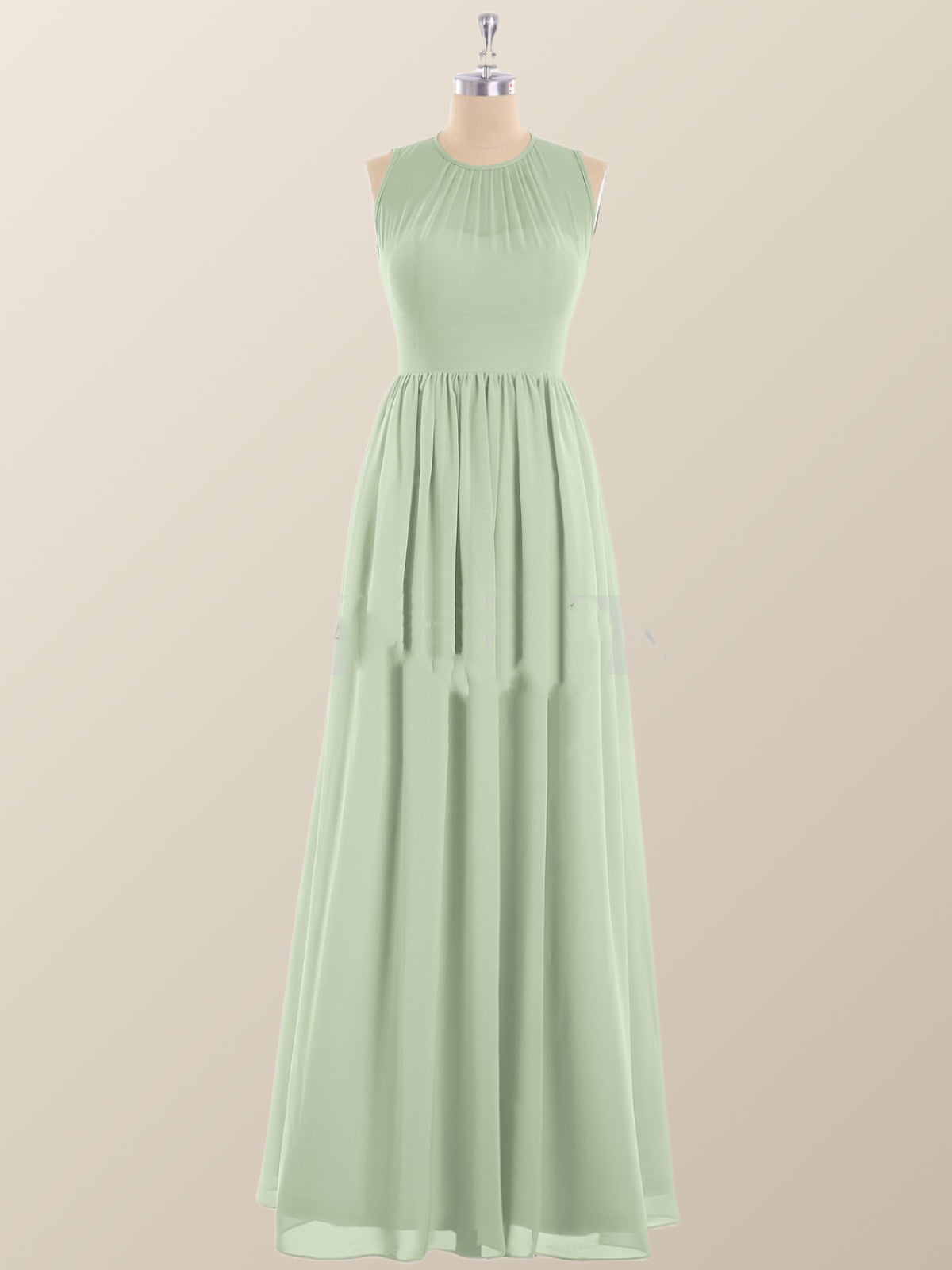 Jewel Neck Sage Green Chiffon Long Bridesmaid Dress