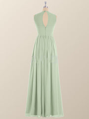 Jewel Neck Sage Green Chiffon Long Bridesmaid Dress