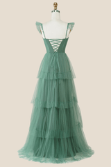 Blue Tulle Tiered A-line Long Dress
