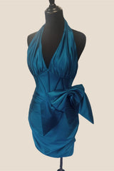 Halter Blue Ruched Tight Short Dress with Bow