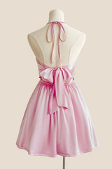 Halter Yellow Back Tie A-line Short Dress