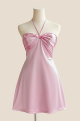 Halter Yellow Back Tie A-line Short Dress