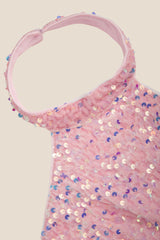 High Neck Pink Sequin Bodycon Short Dress