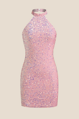 High Neck Pink Sequin Bodycon Short Dress