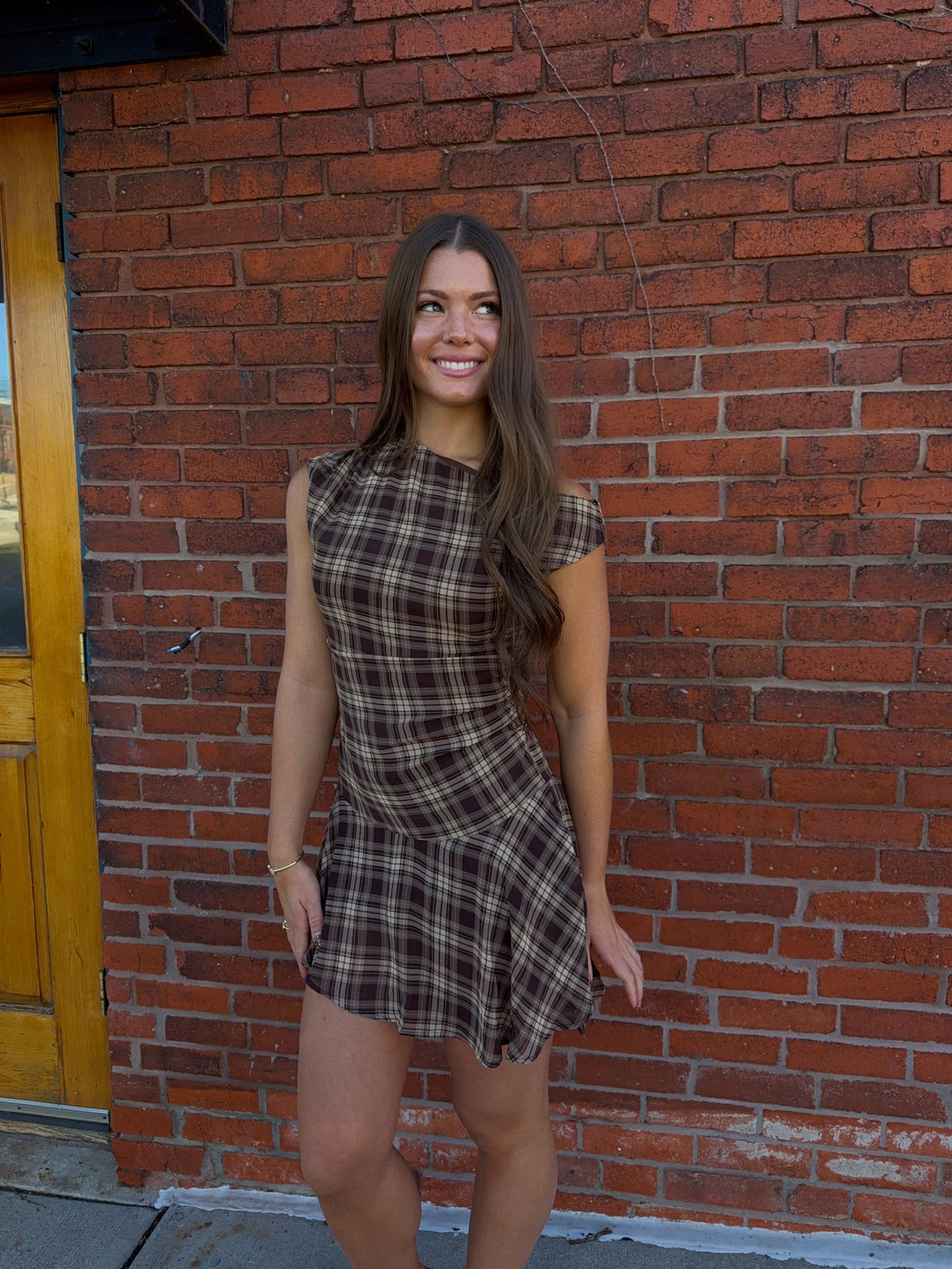 Finley Plaid Asymmetrical Mini Dress