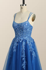 Blue Appliques A-line Tulle Long Dress