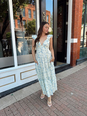 Lora Floral Pleated Midi Dress- Blue