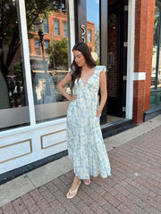 Lora Floral Pleated Midi Dress- Blue
