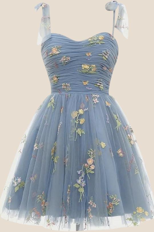 Blue A-line Floral Short Princess Dress