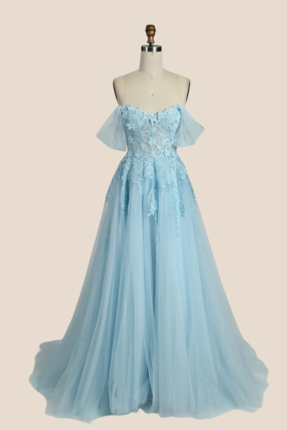 Light Blue Floral Embroidery Strapless A-line Formal Dress
