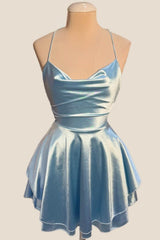 Cowl Neck Light Blue Short A-line Dress