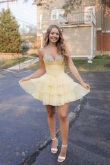 Beaded Neck Yellow Tiered A-line Short Dress