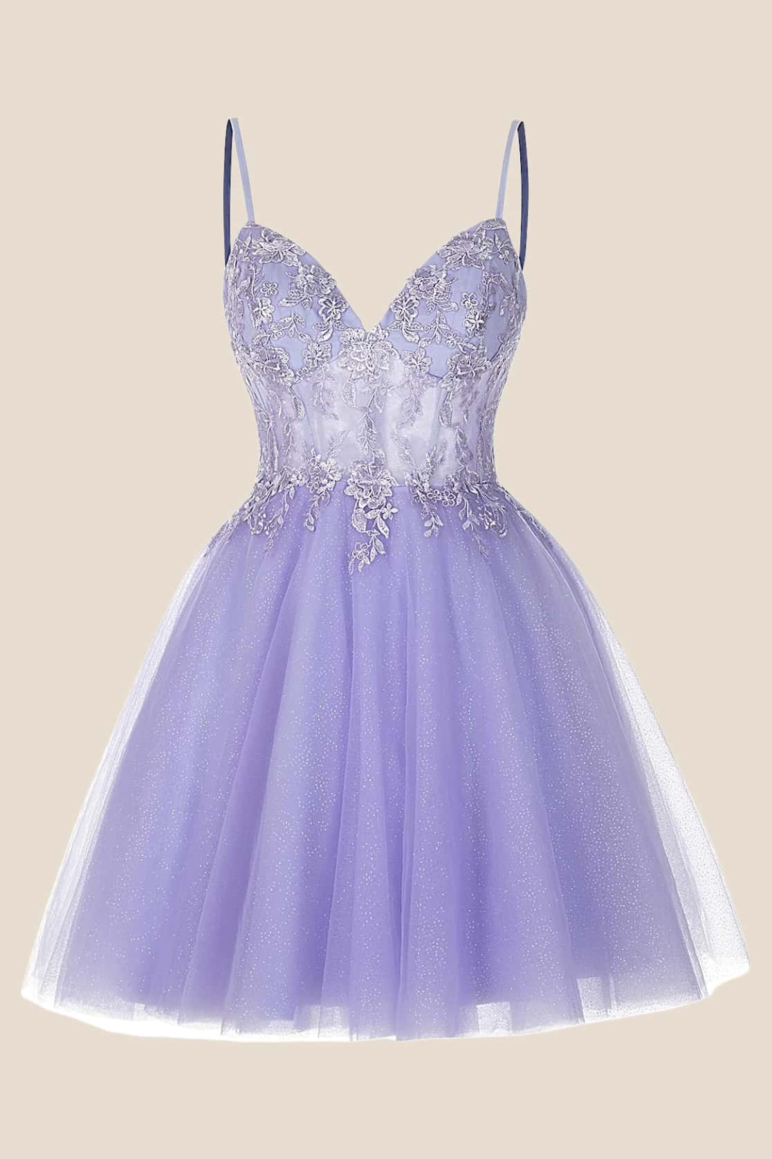 Lavender Straps Appliques A-line Short Dress