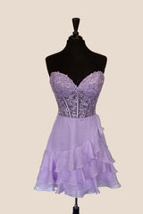 Lavender Sweetheart Appliques Chiffon Short Dress