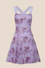 Blue Sequin Embroidery A-line Short Dress