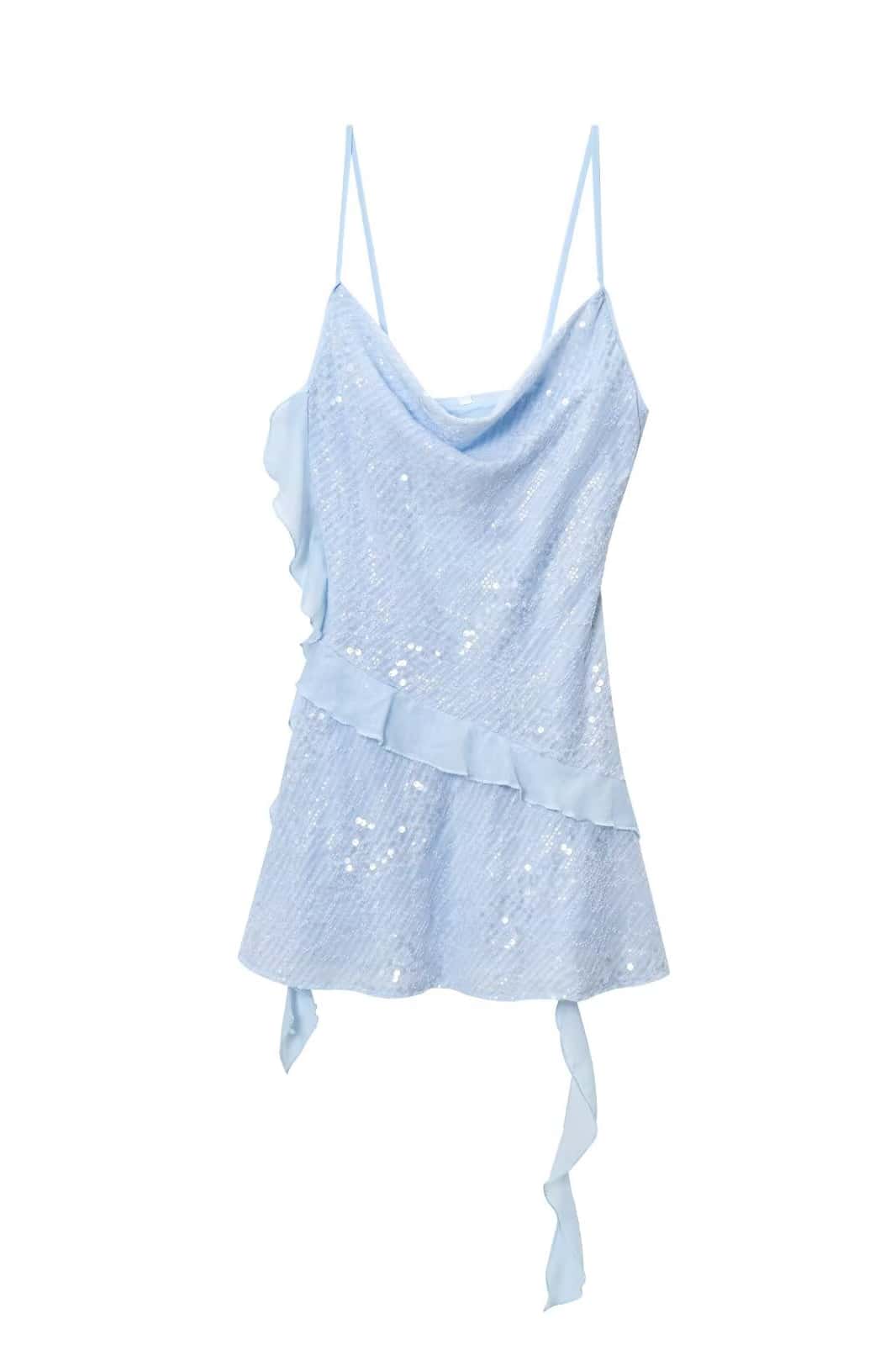 Light Blue Cowl Neck Ruffle Dress