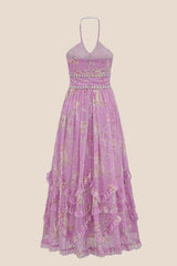 Pearls Halter Purple Floral Chiffon Long Dress