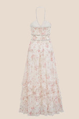 Pearls Halter Purple Floral Chiffon Long Dress