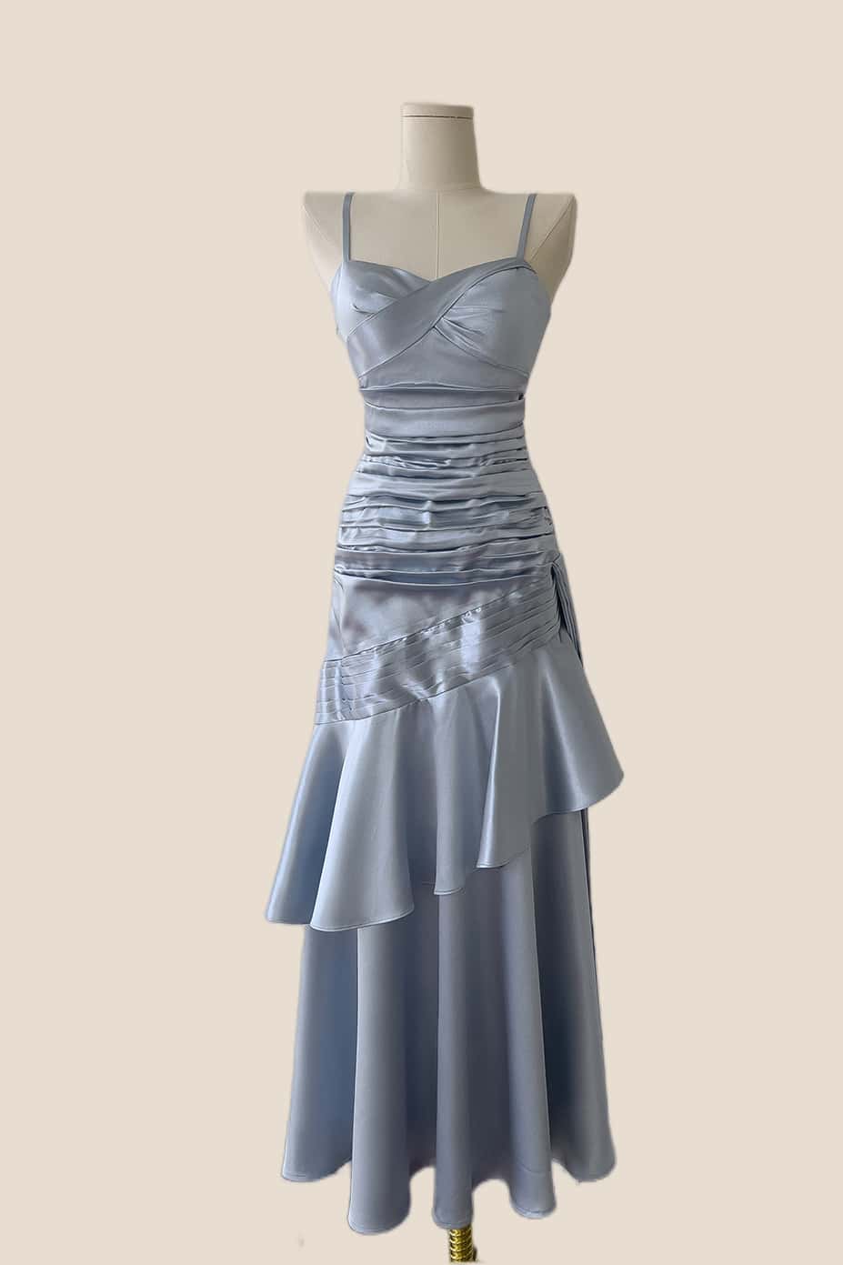 Blue Straps Ruched Mermaid Ruffle Long Dress
