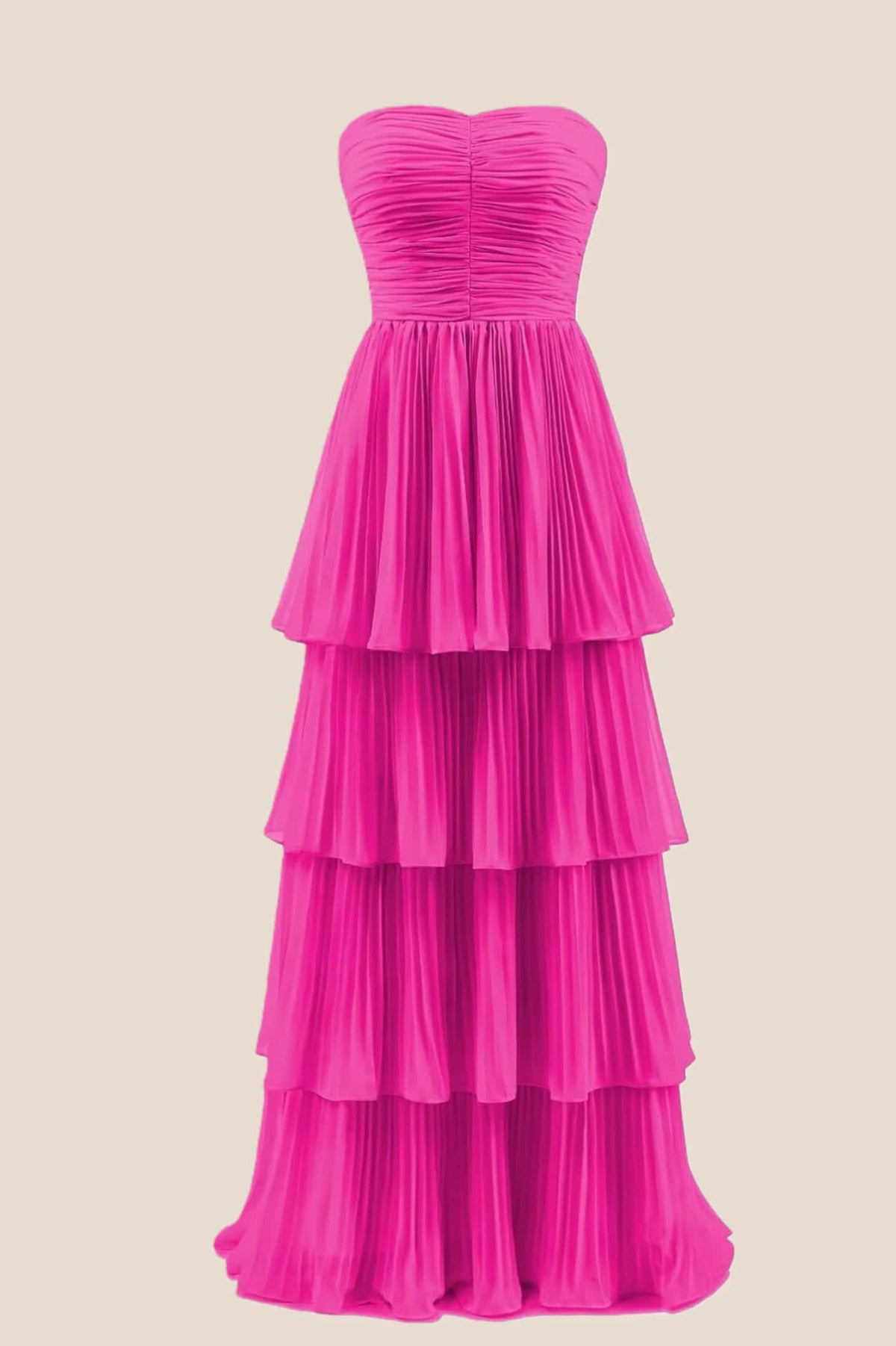 Hot Pink Chiffon Pleated A-line Tiered Maxi Dress