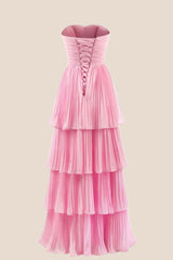 Hot Pink Chiffon Pleated A-line Tiered Maxi Dress