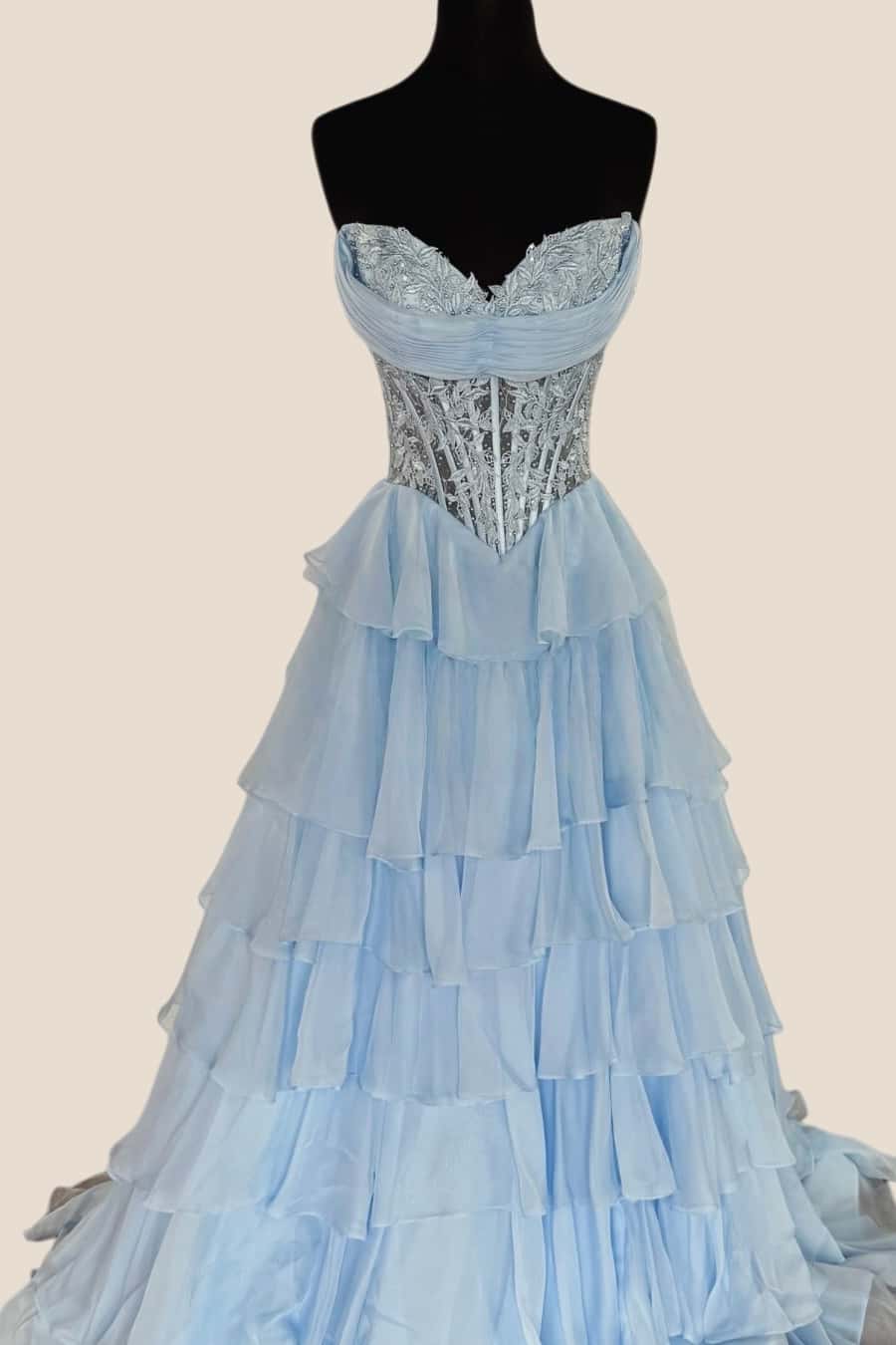 Light Blue Lace Corset Chiffon Ruffle Long Dress