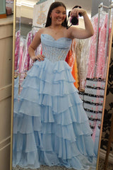 Lavender Lace Corset Chiffon Ruffle Long Dress