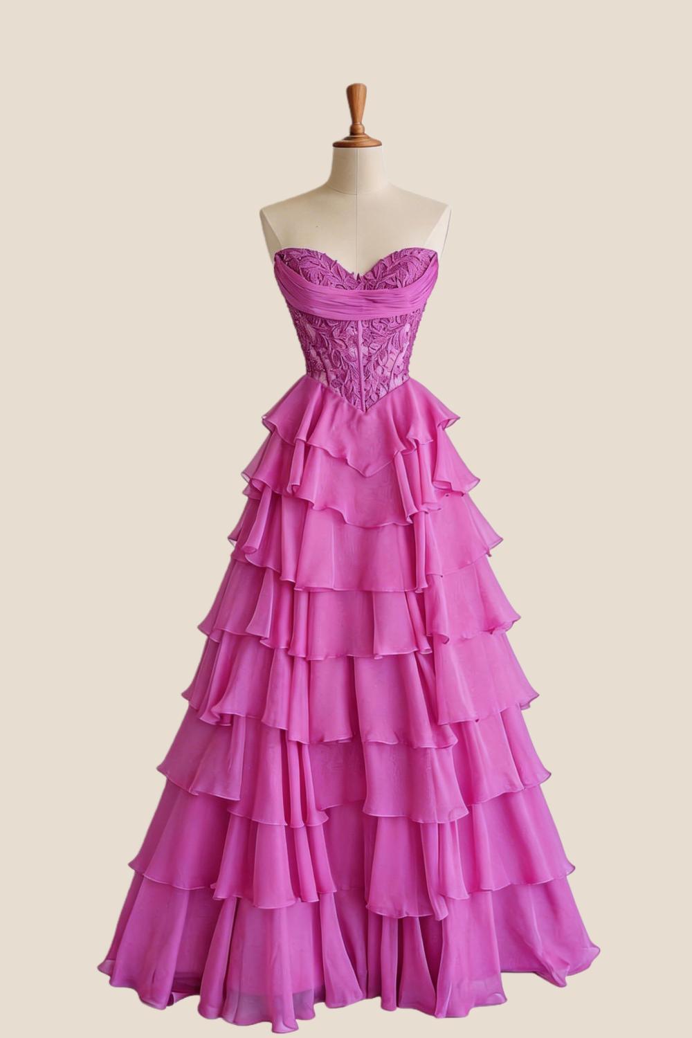 Hot Pink Lace Corset Chiffon Ruffle Long Dress