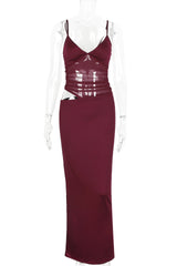 Burgundy Sheer Cutout Fitted Dress