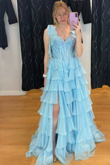 Beaded Light Blue Chiffon Ruffle Slit Prom Dress
