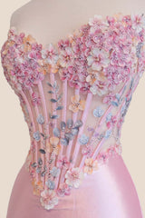 3D Flowers Blue Satin Mermaid Prom Dress