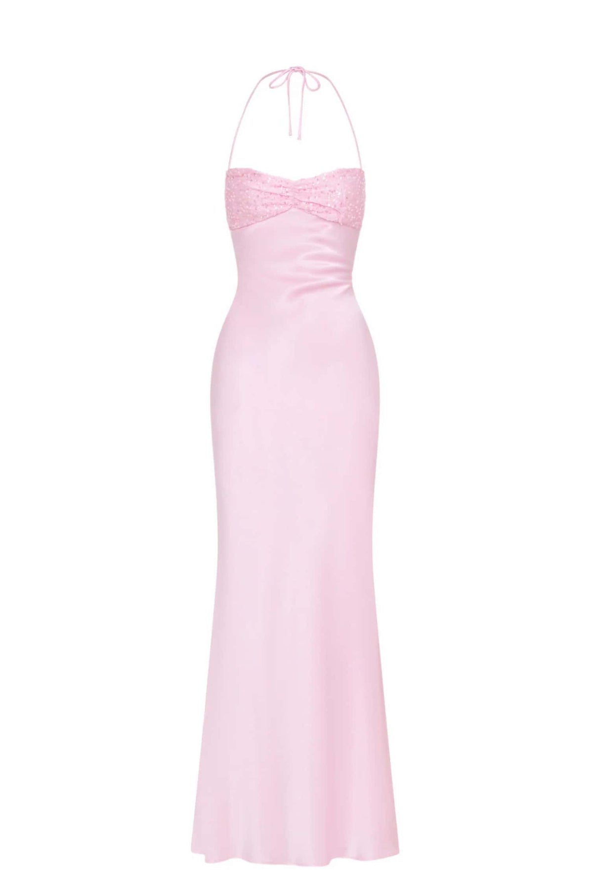 Halter Pink Satin Fitted Long Formal Dress