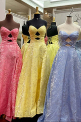 Keyholes Blue Jacquard A-line Prom Dress