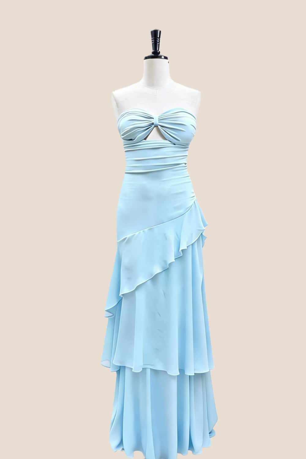 Keyhole Light Blue Chiffon Ruffle Maxi Dress