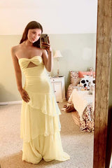 Keyhole Yellow Chiffon Ruffle Maxi Dress