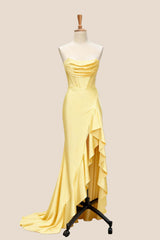 Light Blue Satin Cowl Neck Frill Slit Long Dress
