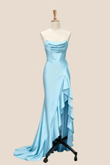Light Blue Satin Cowl Neck Frill Slit Long Dress
