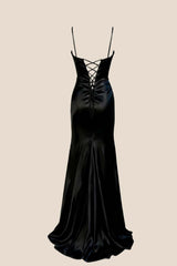 Black Satin Straps Ruched Fitted Prom Dress