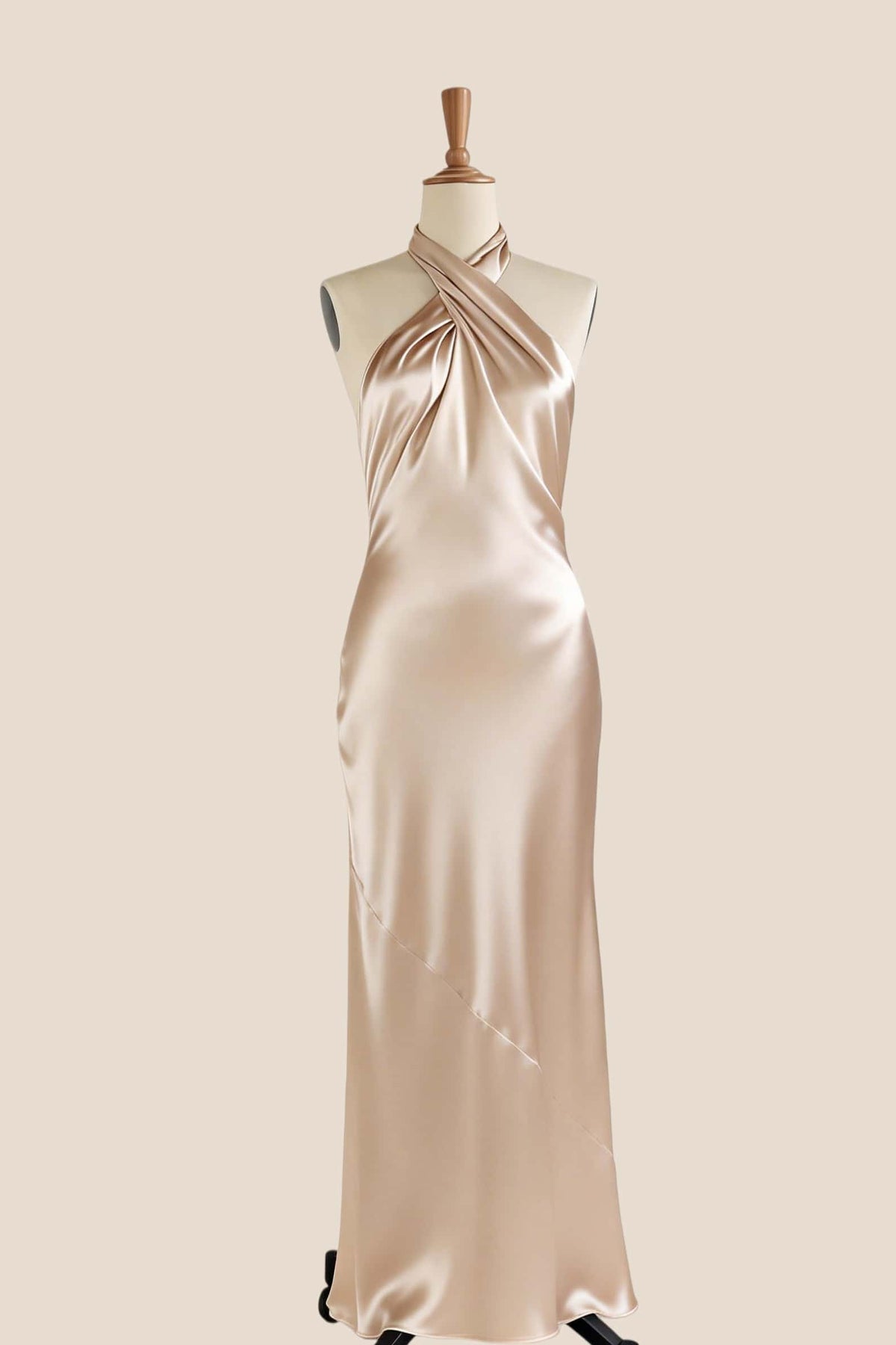 Cross Halter Champagne Satin Fitted Dress