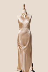 High Neck Pink Satin Fitted Long Bridesmaid Dress