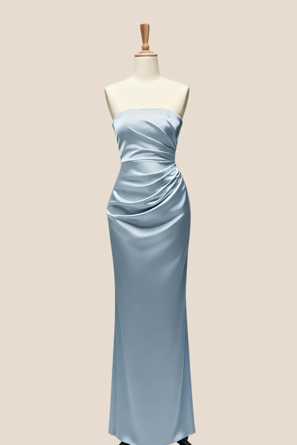 Light Blue Ruched Satin Fitted Bridesmaid Dress