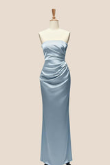 Light Blue Ruched Satin Fitted Bridesmaid Dress