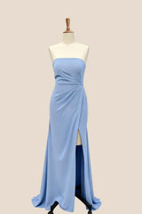 Blue Chiffon Ruched Slit Bridesmaid Dress