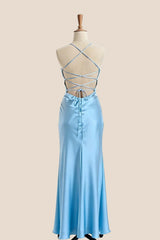 Light Blue Straps Satin Fitted Party Dress