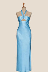 Halter Yellow Soft Satin Fitted Long Dress